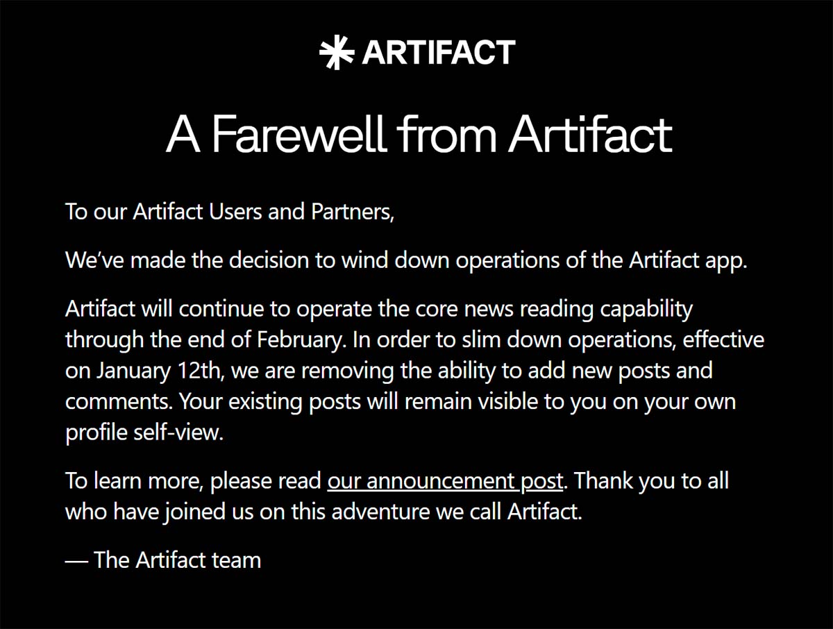 Artifact, the news aggregator that promised an experience free of sensationalism and misinformation, is closing